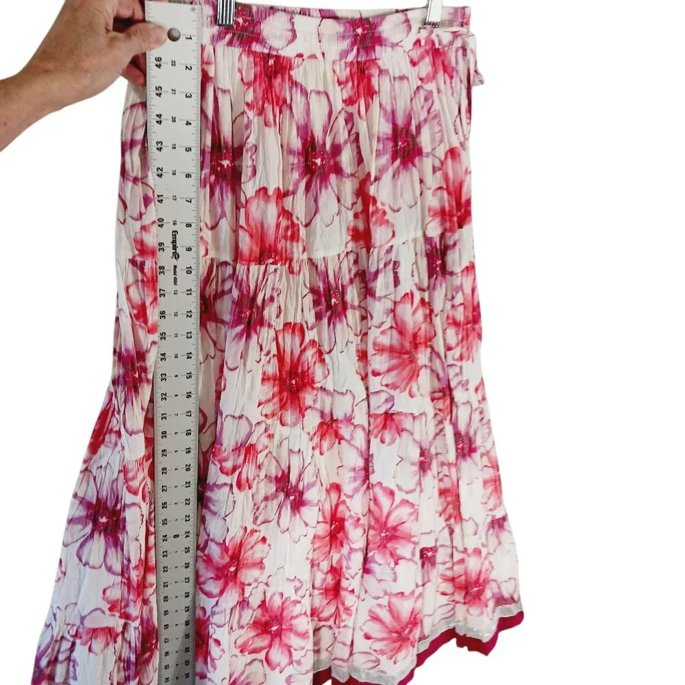 Lalla Nissa, Tiered Maxi Floral Skirt, Medium, Floral Print Stretch Waist w/ Tie